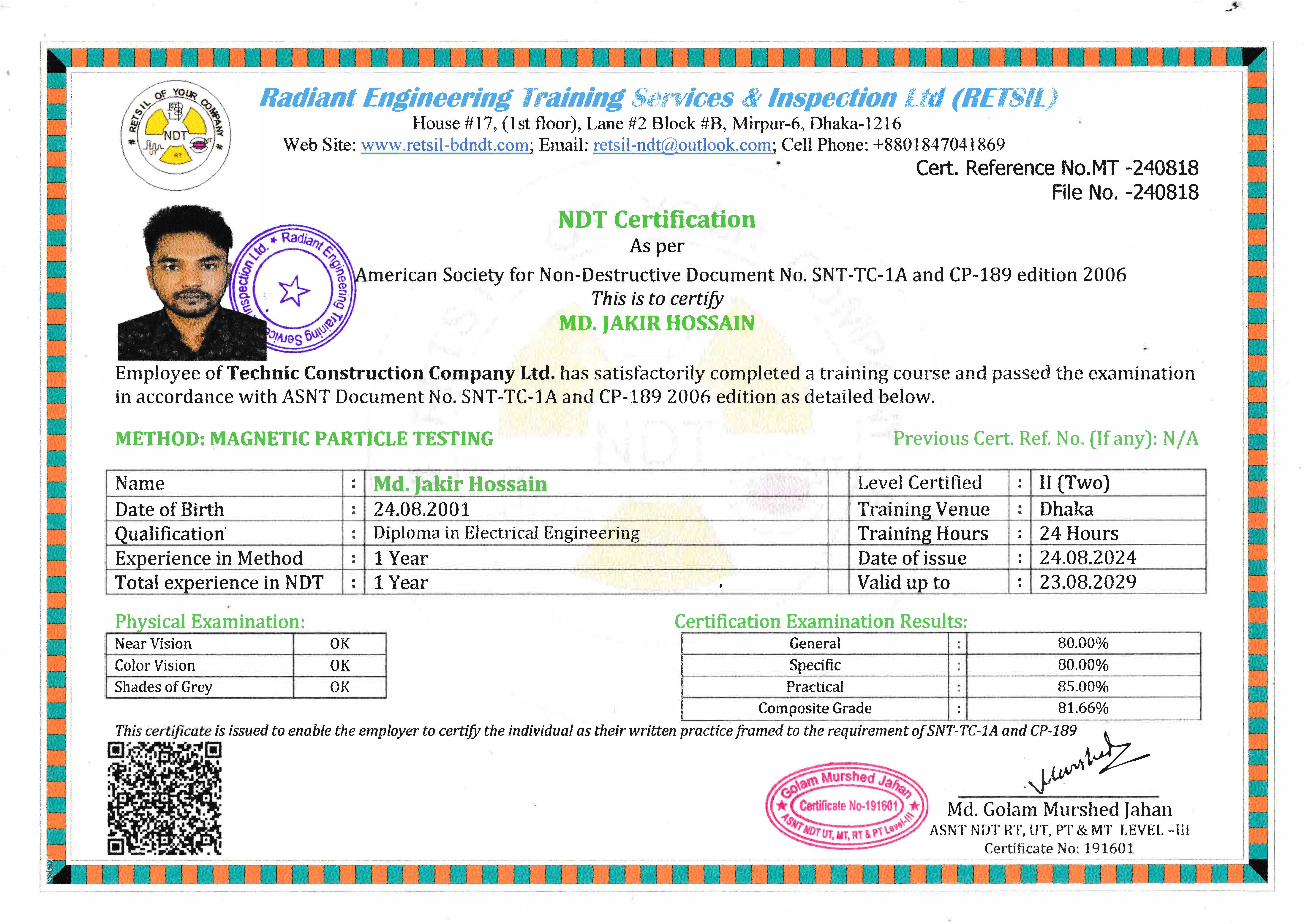 NDT Level-2 Magnetic Particle Testing Certificate