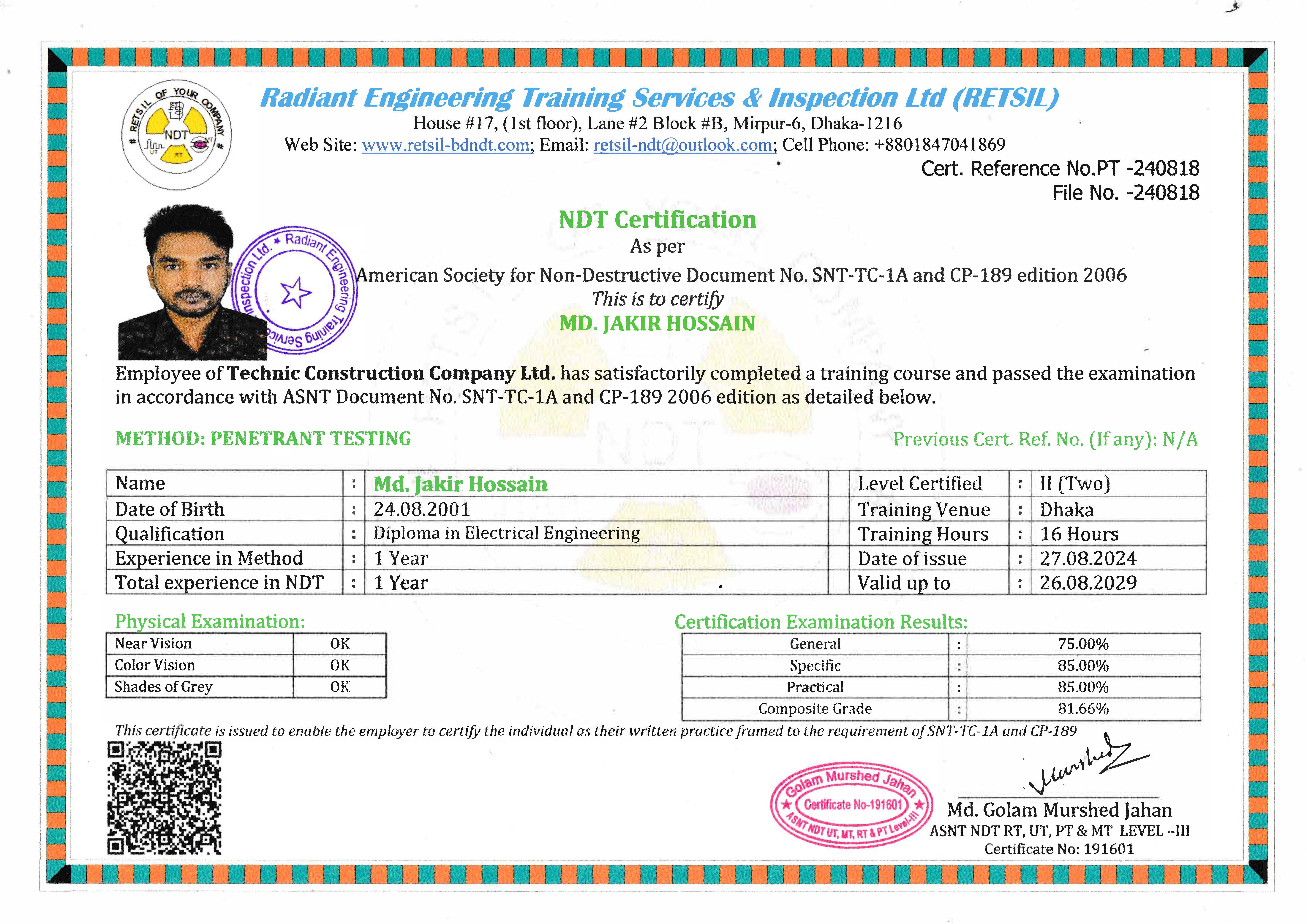 NDT Level-2 Penetrant Testing Certificate