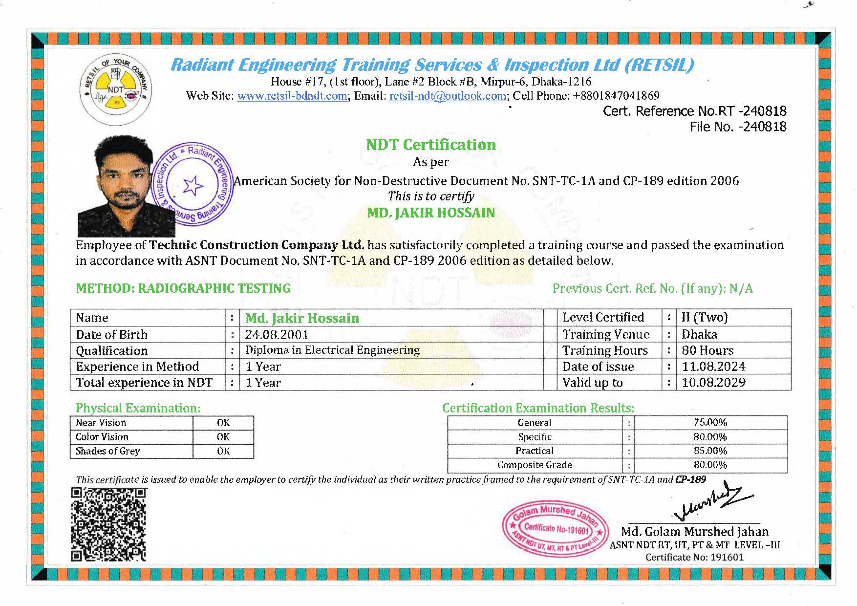 NDT Level-2 Radiographic Testing Certificate
