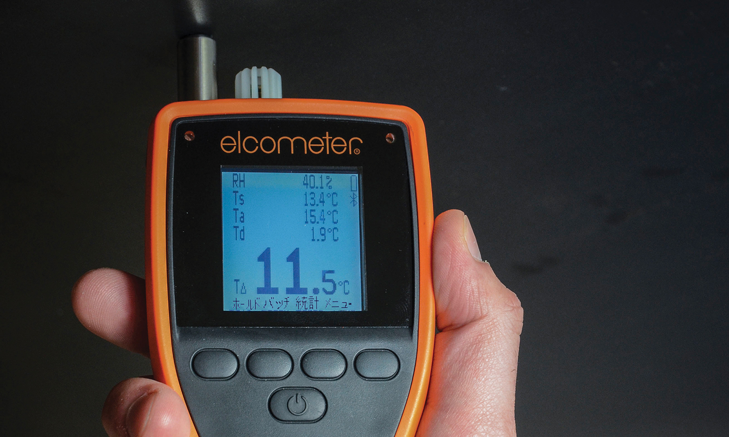 Elcometer 319 dew point meter used for climate monitoring before coating